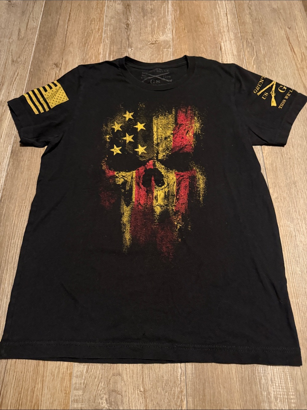 Grunt Style Black Tee with Faded American Flag Print